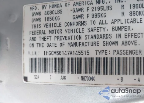 2007 Honda Accord 2.4 Vp z USA, uszkodzony, nr VIN 1HGCM56147A145515